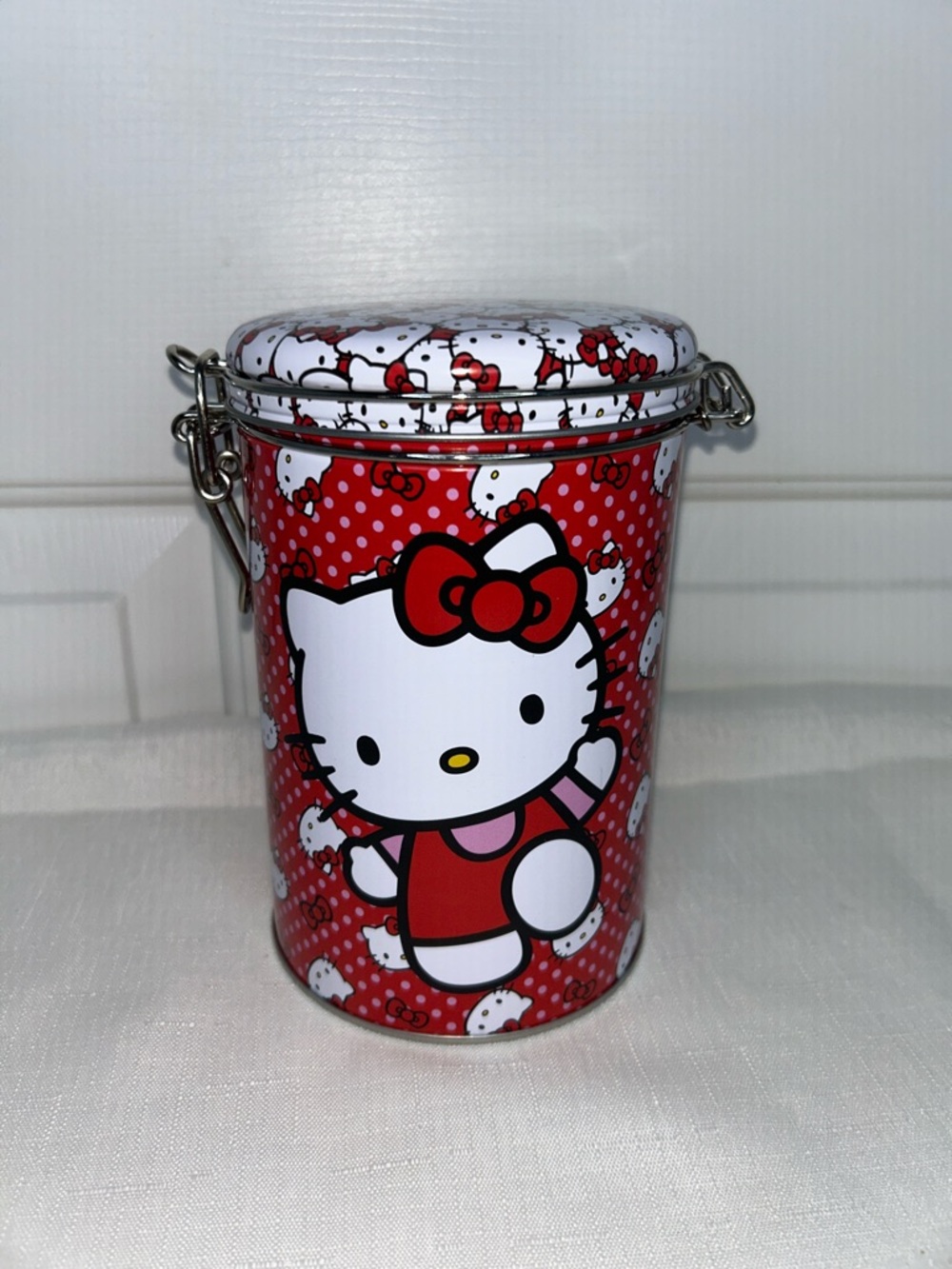 Hello Kitty Red and White Metal Storage Tin with Polkadot Graphic